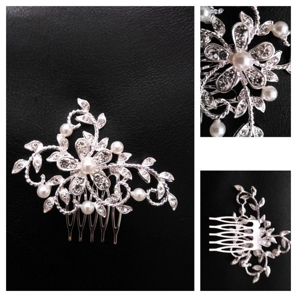 Accessories - Bridal Rhinestone and Pearl Flower Side Comb